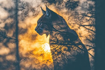 Wall Mural - A Lynx Silhouetted Against a Sunset Through the Trees