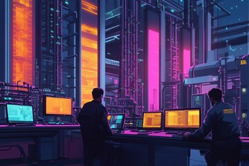 Fototapete - Futuristic Data Center:  Two Workers Monitoring Screens in a Cyber City
