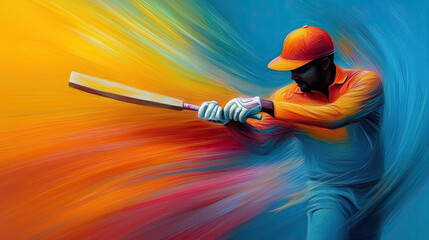 Poster - abstract vector illustration of cricketer in action, showcasing vibrant colors and dynamic movement. image captures energy and excitement of sport