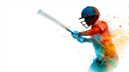 Poster - Energetic cricket player in action with bat, vibrant colors and splashes