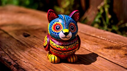 Wall Mural - Colorful ceramic cat figurine with intricate patterns.