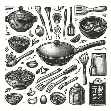 Wok set doodle vector