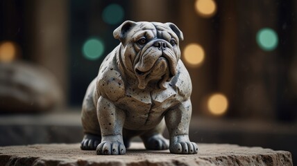 a crafted stone sculpture of a bulldog. The sculpture's intricate details, including the wrinkles on its face and the texture of its fur, are captured with remarkable precision.