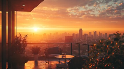 Luxury hotel balcony overlooking the city at sunset. 