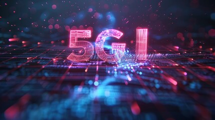Poster - holographic 5g logo illuminating a futuristic circuit board represents the future of mobile communic