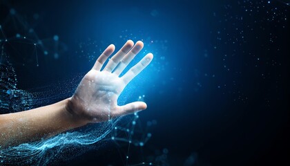 Poster - A glowing hand reaches out into a digital universe, surrounded by particles and light, symbolizing connectivity and innovation in technology.