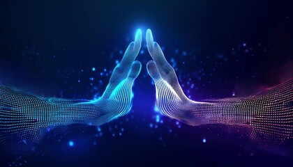 Poster - Two digital hands connect, creating a glowing point of light between them, symbolizing technology, connection, and innovation.