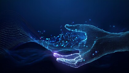 Poster - A digital representation of a hand reaching out, surrounded by glowing particles, conveying connection and technology in a dark, immersive environment.