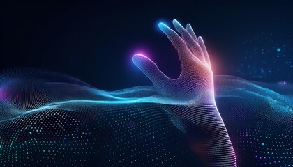 Poster - A vibrant, digital representation of a hand reaching out, composed of colorful particles against a dark background, symbolizing technology and connectivity.