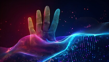 Poster - A vibrant hand silhouette made of digital particles against a dark background, symbolizing technology and human connection.