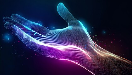 Poster - A futuristic hand composed of vibrant, glowing particles reaches out against a dark background, symbolizing technology and digital innovation.