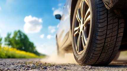 Exploring the open road captivating view of a tire in motion on a dusty path under a vibrant sky