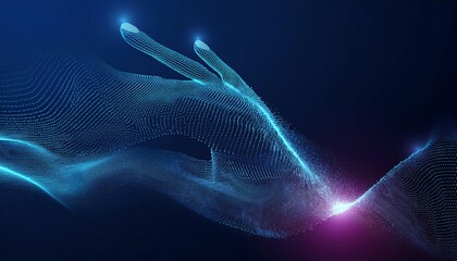 Poster - A glowing digital hand interacts with particles, creating a mesmerizing flow of light against a dark blue background.