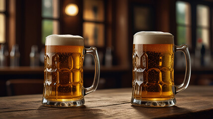 Two ice-cold mugs of beer on an old wooden table in a pub