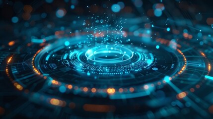 Aufkleber - Complex circular interface radiating vibrant blue light, processing a dynamic stream of digital data, embodying the essence of future technology