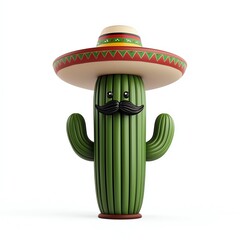 A cheerful cartoon cactus wearing a sombrero and a mustache on a white isolated background.