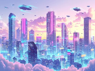 Futuristic Cityscape at Dusk with Glowing Skyscrapers and Clouds