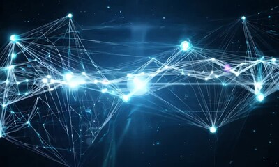 Aufkleber - Digital futuristic 4K animation with a dark, geometric network of glowing blue points and lines. Abstract tech design symbolizes data flow and AI connectivity.