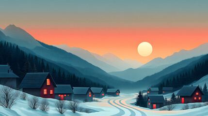 Poster - A serene winter landscape featuring snow-covered hills, cozy cottages with glowing windows, and a sunset casting a warm glow on the scene.