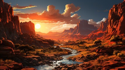 Wall Mural - A scenic landscape with a winding river flowing through a valley in a red rock desert. The sun is setting in the distance, casting a warm glow over the scene.