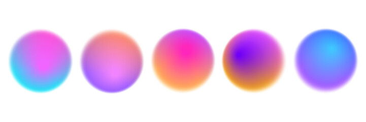 Poster - Bright colorful circle gradient set. Round blur gradation background collection. Iridescent radial blurry shape pack for poster, banner, leaflet, brochure. Vector neon fading circular aura bundle