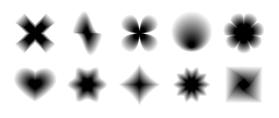 Poster - Black smooth blurred gradient form set. Grunge blurry aura shape collection. Fading abstract elements for poster, template, badge, sticker, collage. Vector flowers, stars and hearts pack 