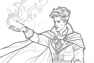 A young man, portraying a wizard, conjures fire with a confident expression, dressed in a detailed cloak and elegant attire.