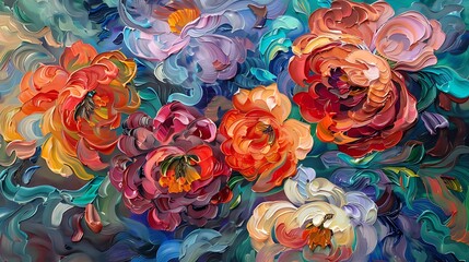 A flower painting with an abstract expressionist approach, using swirling colors and layered textures to portray flowers in a dreamlike, emotional landscape. 8k UHD, suitable for high-quality 