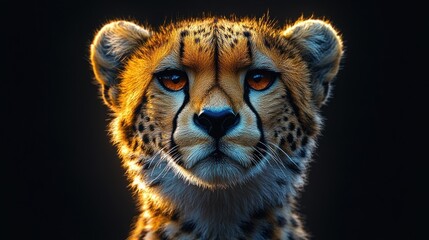 Wall Mural - Close-up portrait of a cheetah with bright, golden eyes, staring directly at the camera against a dark background.