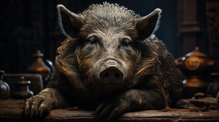 Wall Mural - A large wild boar with a shaggy coat lies on a wooden table, 