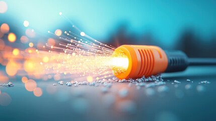 Poster - close up shot of a fiber optic cable emitting glowing light, symbolizing the speed and efficiency of