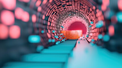 Poster - abstract visualization of data security, with encrypted data packets traveling through a secure tunn