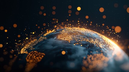 Poster - a satellite image of earth at night, with illuminated cities and networks of light representing inte