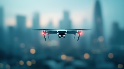 Poster - a drone equipped with a camera flying over a city, capturing aerial footage for communication, surve