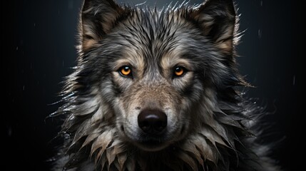 Wall Mural - A wet grey wolf with piercing yellow eyes stares intently at the camera, framed against a dark background.