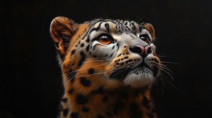 Wall Mural - A close-up portrait of a snow leopard looking up with a dark background.