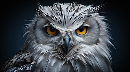 Wall Mural - A close-up portrait of a snowy owl with piercing yellow eyes, set against a dark background. The owl's feathers are ruffled and appear slightly wet.
