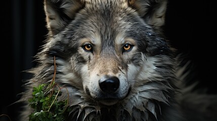 Wall Mural - A close-up portrait of a grey wolf with piercing yellow eyes, looking directly at the camera against a dark background.