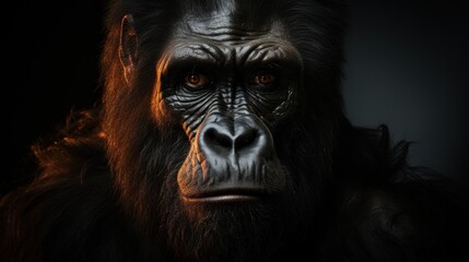 Wall Mural - A close-up portrait of a powerful gorilla with intense eyes, illuminated by a warm light, against a dark background.