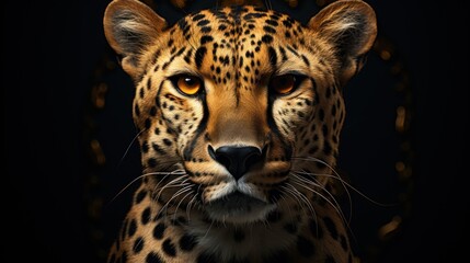 Wall Mural - Close-up portrait of a cheetah with piercing yellow eyes, captured against a dark background, illuminated by a soft golden glow.