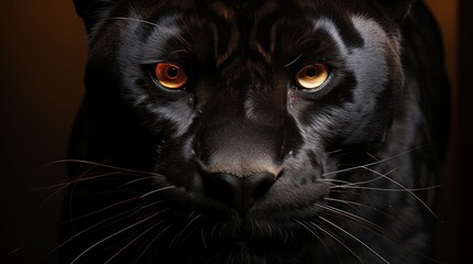 Wall Mural - Close-up of a black panther's face, with piercing orange eyes, against a dark background.