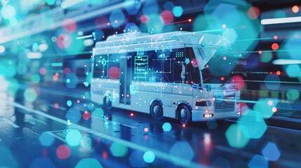 Poster - Self driving bus navigating a futuristic cityscape, showcasing advanced technology, data exchange, and sustainable transportation in a smart city environment