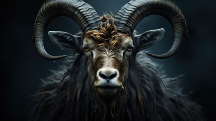 Wall Mural - A close-up portrait of a wild mountain goat with large horns, looking directly at the camera with a serious expression.