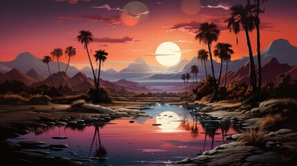 Wall Mural - A serene sunset over a desert landscape with palm trees and a river reflecting the sky.