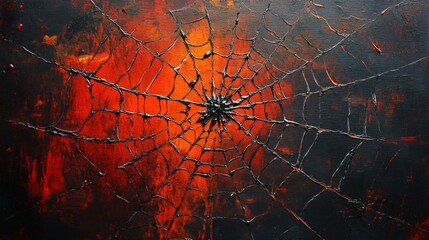 Abstract Painting of a Spider Web with Black Lines on an Orange Background