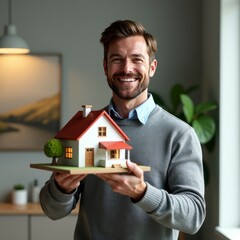 Man in gray sweater and blue shirt cheerfully presenting a miniature house indoors with a clear transparent backdrop real estate 