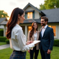 Female real estate agent welcoming couple to show house outdoors real estate 