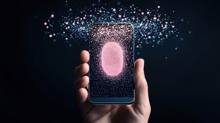 Poster - A person holding a smartphone with a fingerprint icon displayed on the screen, emphasizing mobile security and biometric authentication.