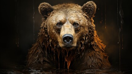 Wall Mural - A wet brown bear with a serious expression stares directly at the camera.