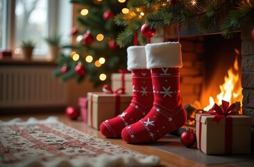 Christmas socks with a beautiful ornament, red and white, filled with gifts, are hung near the fireplace in the living room. There is a Christmas tree in the room. There are colorful balls and toys on